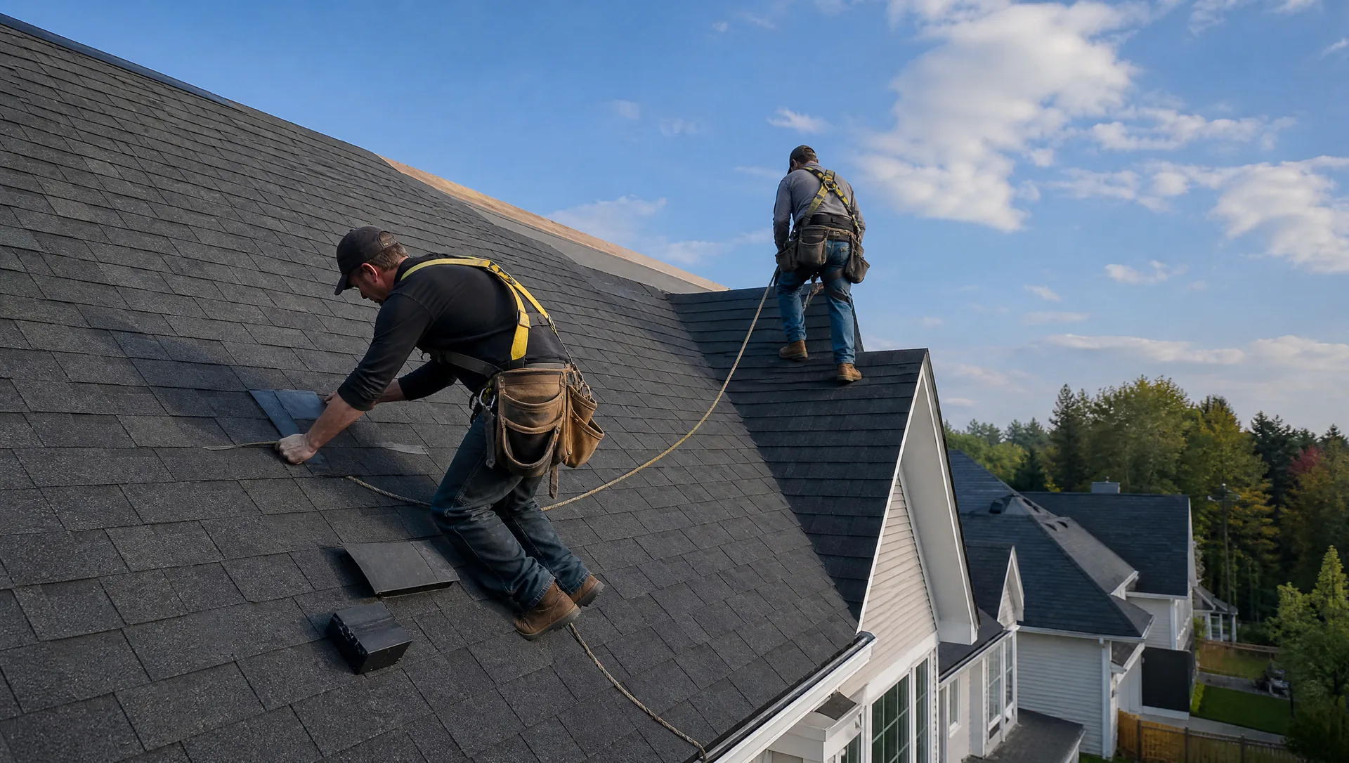 Basalt crew installing architectural shingles on a steep roof under a blue sky