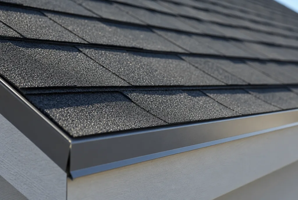 Close-up of new architectural shingles and drip edge