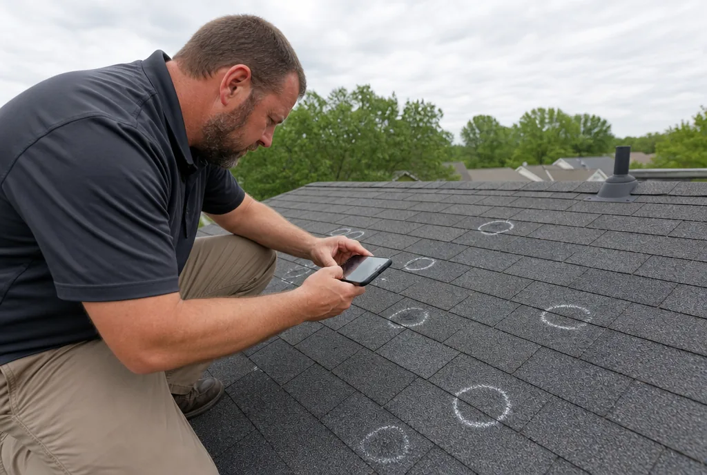 Inspector photographing hail damage on a roof