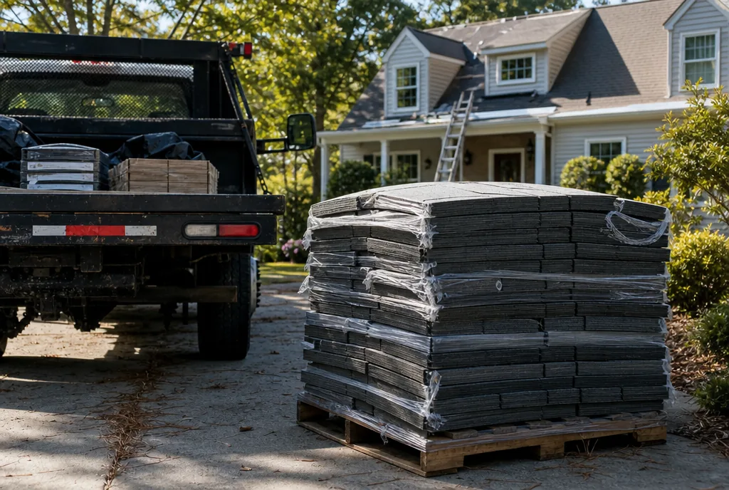 Shingle bundles staged on a pallet beside a work truck